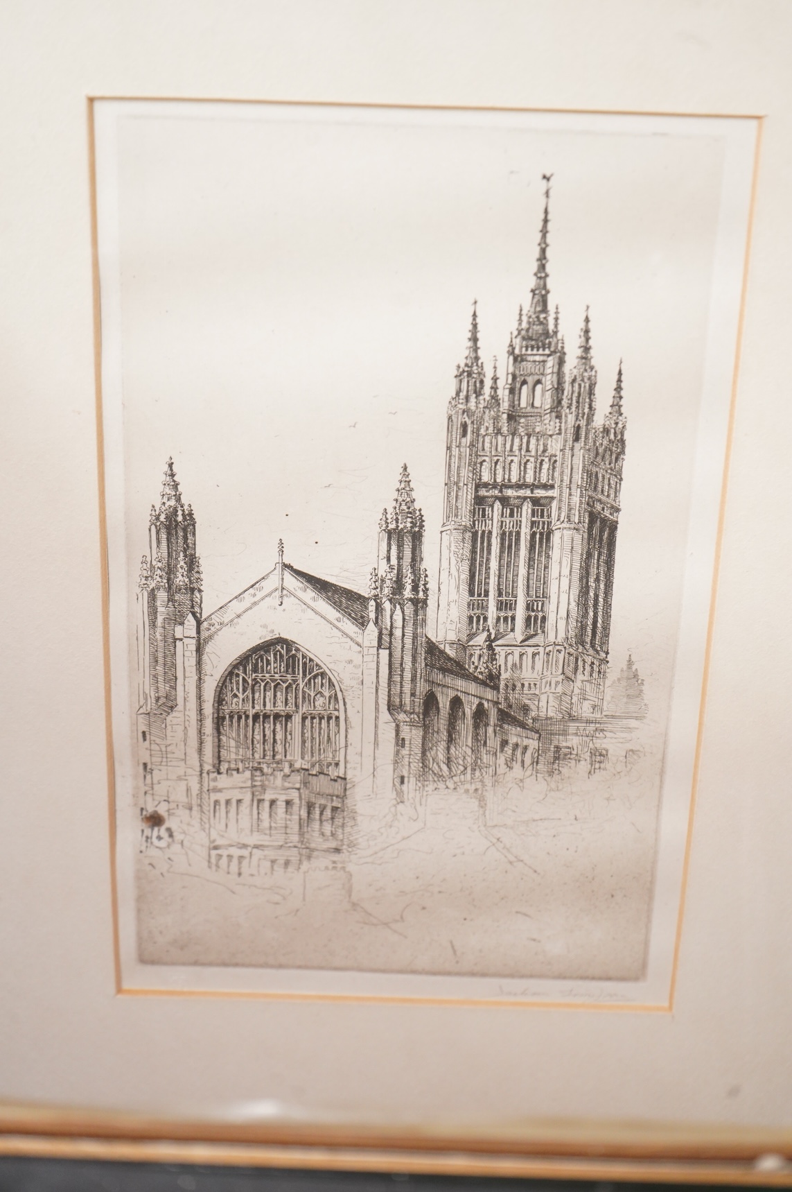 A collection of etchings and prints to include examples by C. Martyn, The Cat and Fiddle Inn, New Forest and a pair of etchings by Jackie Simpson, Graduation Hall, Narishal College, Aberdeen together with two pencil sket